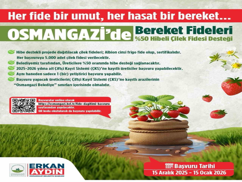 Osmangazi Belediyesi Çiftçilere Yüzde 50 Hibeli Çilek Fidesi Desteği Sağlayacak Osmangazi Belediyesi Çiftçilere Yüzde 50 Hibeli Çilek Fidesi Desteği Sağlayacak